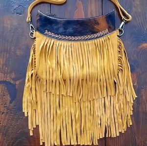 Genuine Suede Leather Fringe and Cow Hair on Hide Crossbody Purse